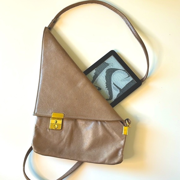 Leather Kindle Ready | latte colored triangle shaped handmade crossbody - Picture 1 of 13